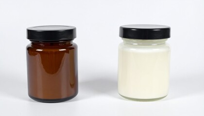 Soy candles in dark amber and white glass bottles with cover, on a white background. 