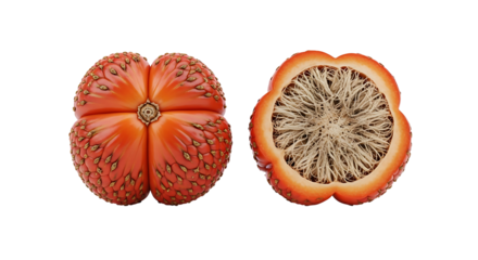 Intricate FourLobed Seed Pod with Exposed Fibrous Interior.