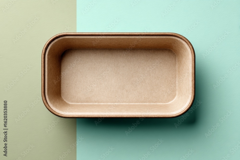 Poster Rectangular brown container placed on light green and mint green backgrounds creating a minimalistic design