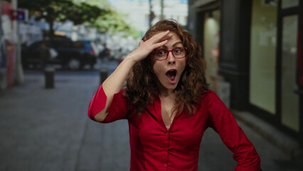 Woman with glasses and red shirt expressing surprise on city street outdoors during daytime.