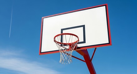 Basketball Hoop Against Blue Sky with Clouds – Minimalist Sports Scene with Red Rim and White Net