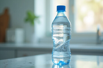 Accessible clean drinking fresh water in a transparent plastic bottle on the table