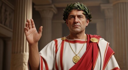 Roman High Priest in White Tunic with Sacred Laurel and Solemn Ritual Gesture of Ancient Religion