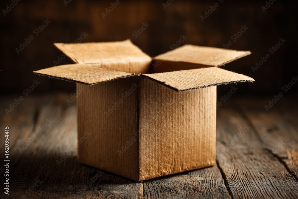 Poster cardboard box with open flaps placed on rustic wooden table in warm lighting