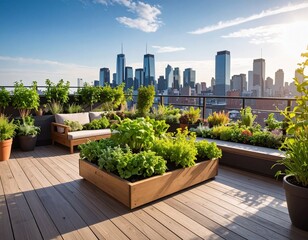 Fototapeta premium Urban Rooftop Garden with City Skyline View Relaxing Outdoor Oasis.