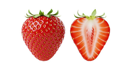 Symmetrical strawberry duo Whole berry and halved section with visible seeds.
