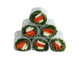 Stack of colorful spring rolls featuring fresh vegetables, perfectly showcasing delicious Asian cuisine, all on transparent background