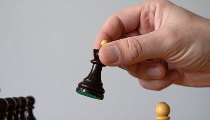 Man's hand holds a chess piece king. A dark colored chess piece. The figure flies.