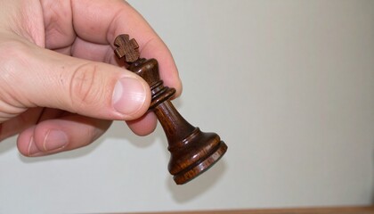 Man's hand holds a chess piece king. A dark colored chess piece. The figure flies.