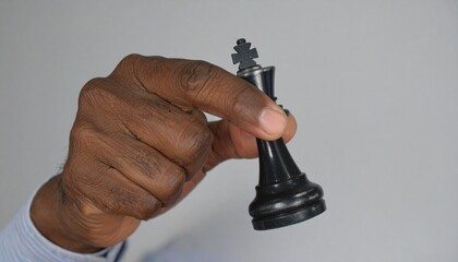 Man's hand holds a chess piece king. A dark colored chess piece. The figure flies.