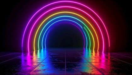 neon light shapes on black background,rainbow colors, empty space, 80's retro style
