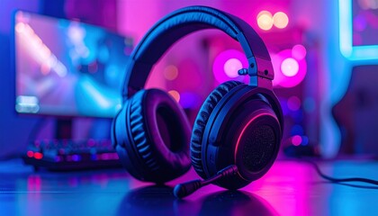 Professional headphones with microphone for video games and cyber sports gaming monitor