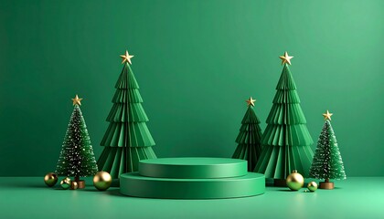 Festive Green Christmas Product Display Podium with Trees.