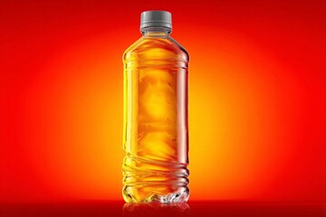 Brightly lit water bottle filled with amber liquid against a vibrant gradient background