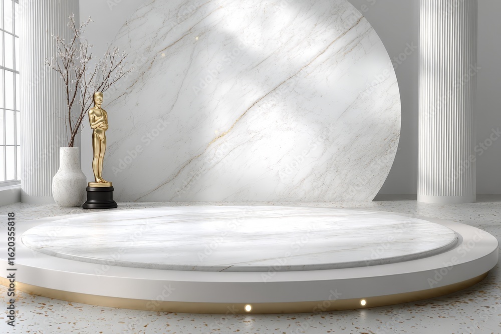 Poster elegant display area featuring a marble platform and a golden statuette in a modern setting with nat