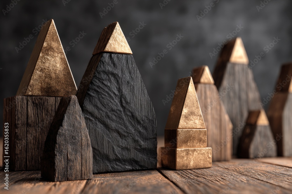 Poster wooden and metallic geometric shapes arranged on a rustic table in a minimalist setting