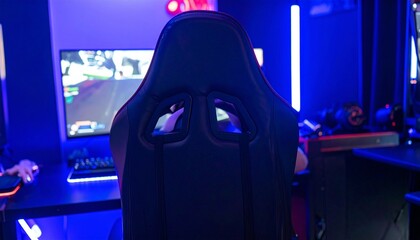 Workplace Professional gamers cafe room with powerful personal computer game chair 