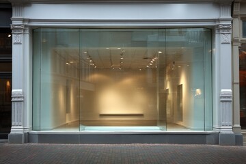 Gallery storefront displays minimalist design with large glass windows and soft lighting