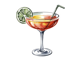Watercolor style cocktail illustration with lime and straw, offering vibrant colors on transparent background