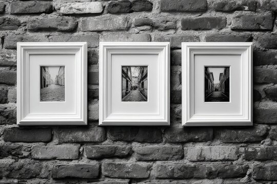 Fototapeta Framed black and white photographs of narrow streets displayed on a brick wall in an art gallery setting