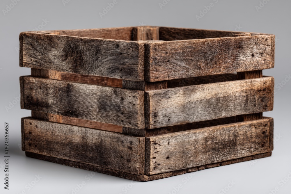 Poster rustic wooden crate with weathered texture sits on a neutral background for decorative or storage us