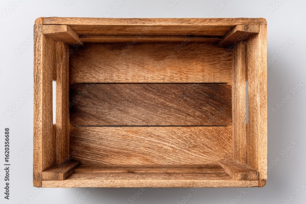 Poster wooden storage box viewed from above showing natural grain patterns and empty interior in a minimali
