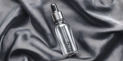 Silver dropper bottle placed on textured fabric background for skincare and cosmetic product display


