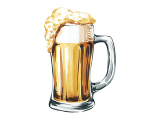 Refreshing watercolor style beer mug with frothy head spilling over on transparent background.