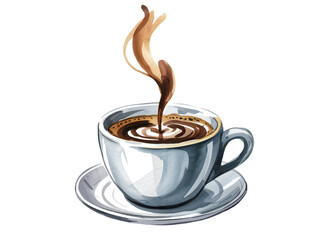 Watercolor artwork illustrating a steamy cup of coffee with saucer, creating a warm ambiance on transparent background