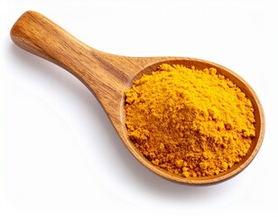 Golden Turmeric Powder in Wooden Spoon Isolated on White.