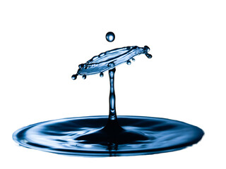 Captivating blue water drop collision creates exquisite crown splash formation, digitally isolated on transparent background