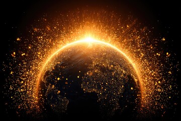 Obraz premium Earth, glowing with golden light bursts, a digital art piece