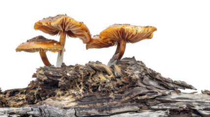 Mushrooms growing on log on transparent background