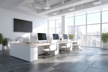 Modern office workspace featuring large windows and stylish furniture design in a cityscape