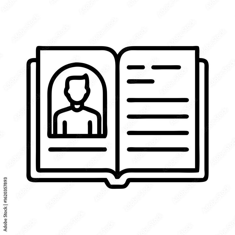 Poster Outline illustration of an open book with a profile photo and text