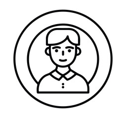  Clean black line art of a male avatar with short hair and collared shirt, enclosed in a circle—ideal for profiles, user icons, contact pages, or business and digital identities.