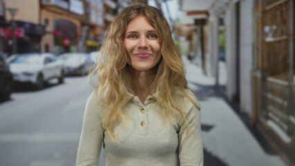 Image shows woman with flowing hair smiling on a street, offering a blonde portrait set in an urban...