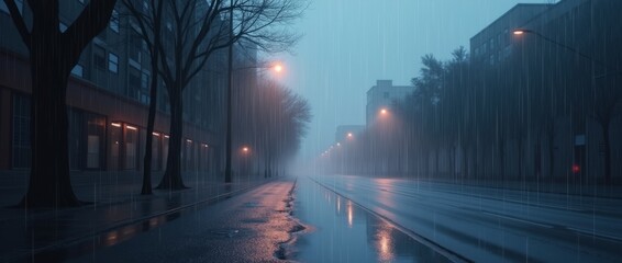 A desolate urban street glistens under heavy rain as streetlights cast a warm, diffused glow through the mist. 