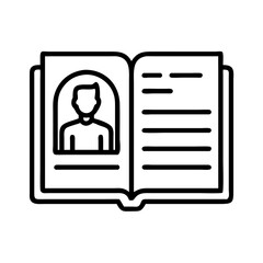 Outline illustration of an open book with a profile photo and text