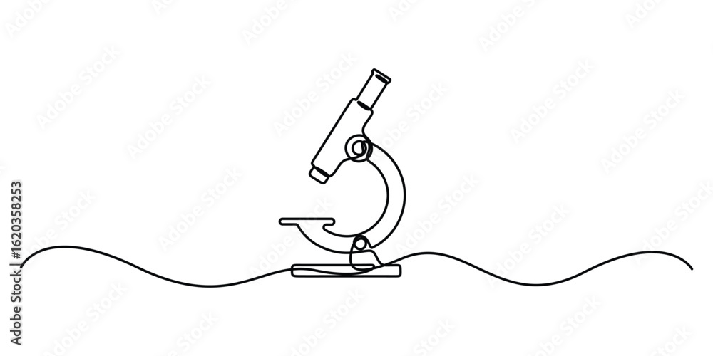 Poster continuous one line drawing of microscope. minimalist single line outline microscope. doodle vector 