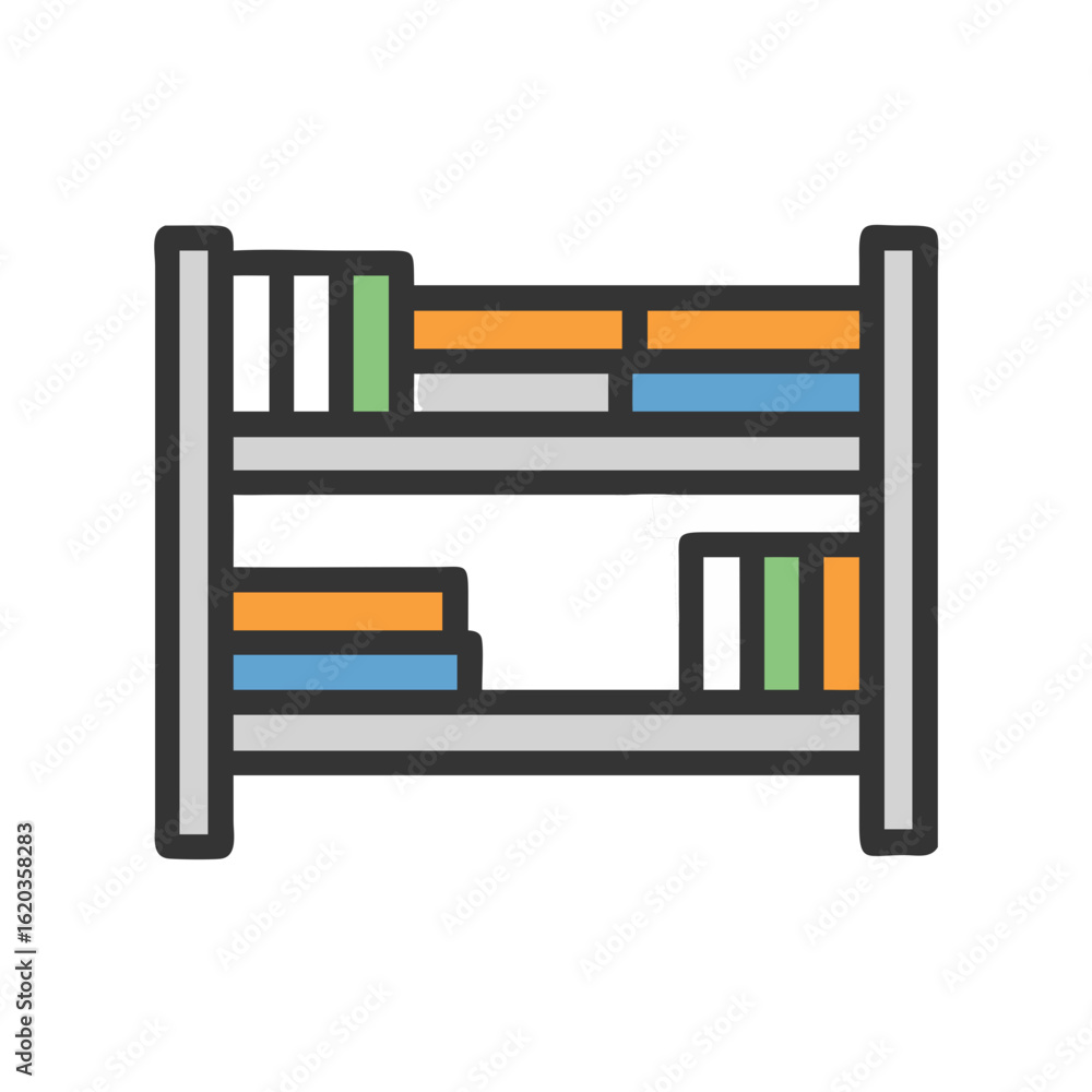 Aufkleber a bookshelf filled with colorful books of various sizes and orientations