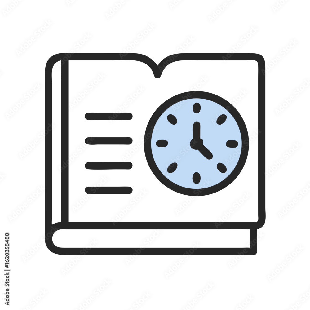 Poster a stylized open book with a clock, representing time management and reading