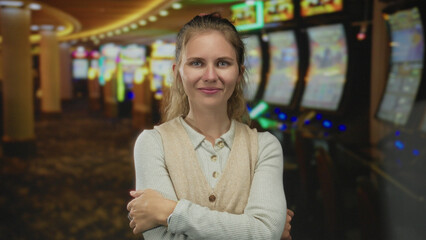 Woman folds her arms while smiling inside a casino lobby with a blonde young gambler beside slot...