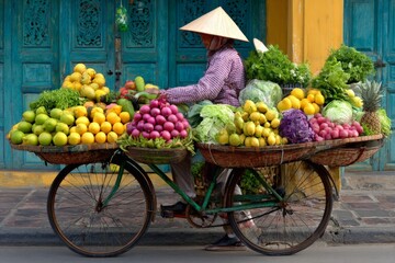 Vibrant fruit and vegetable vendor cycling through a colorful market in Vietnam