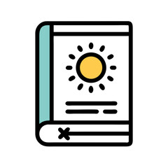 Book illustration with a sun on the cover and aqua binding