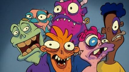 Cartoon chaos: A vibrant group of goofy and expressive characters illustration