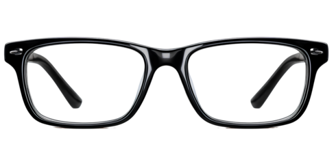 Black rectangular glasses with clear lenses on a white background