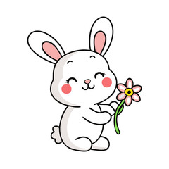 Cute White Bunny Holding a Pink and Yellow Flower on White Background
