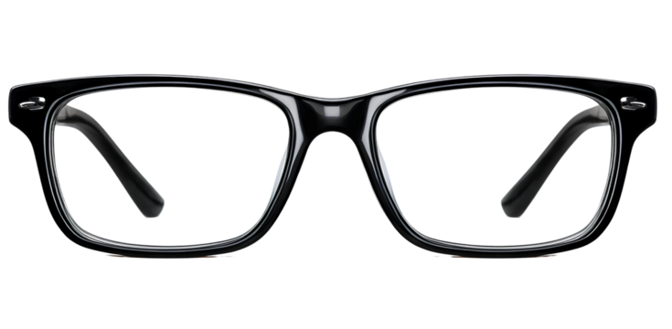 Black rectangular glasses with clear lenses on a white background