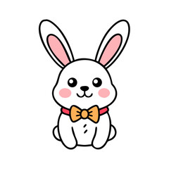 Cute White Bunny with Bowtie Sitting Upright Isolated on White Background